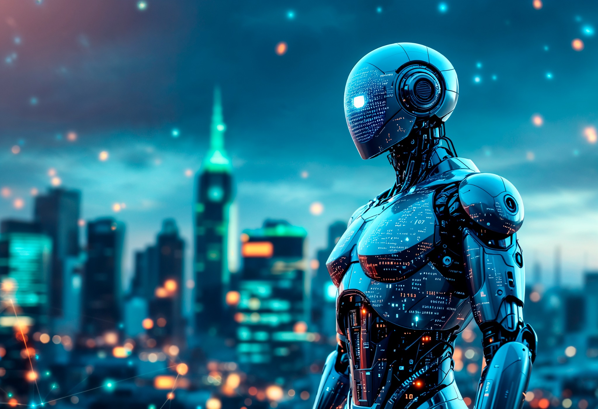 Futuristic cyber-themed robot with illuminated city skyline